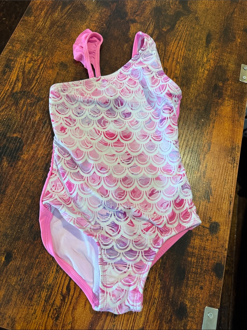 Girls One-Shoulder Pink Mermaid-Scale Swim Suit
